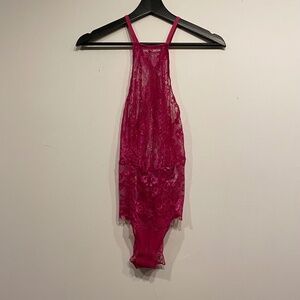 Adore Me Pink Lace Sheer Keyhole Halter Neck Chain One Piece Bodysuit Size Small